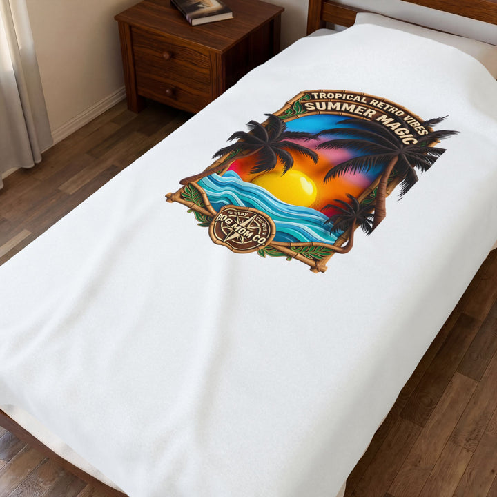 Summer Magic Tropical Sunset Palms Velveteen Throw Blanket, 60 x 80 in, spread over a full bed, top view