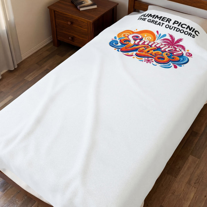 Summer Vibes Retro Lettering Velveteen Throw Blanket, 60 x 80 in, spread over a full bed, top view