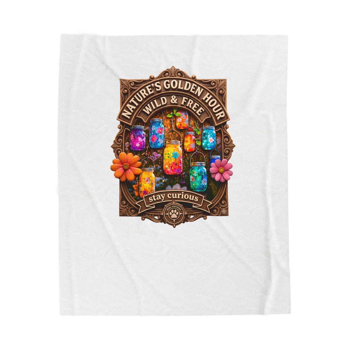Velveteen Plush Blanket — "Nature's Golden Hour: Wild & Free" Colorful Jar Art Cozy Throw