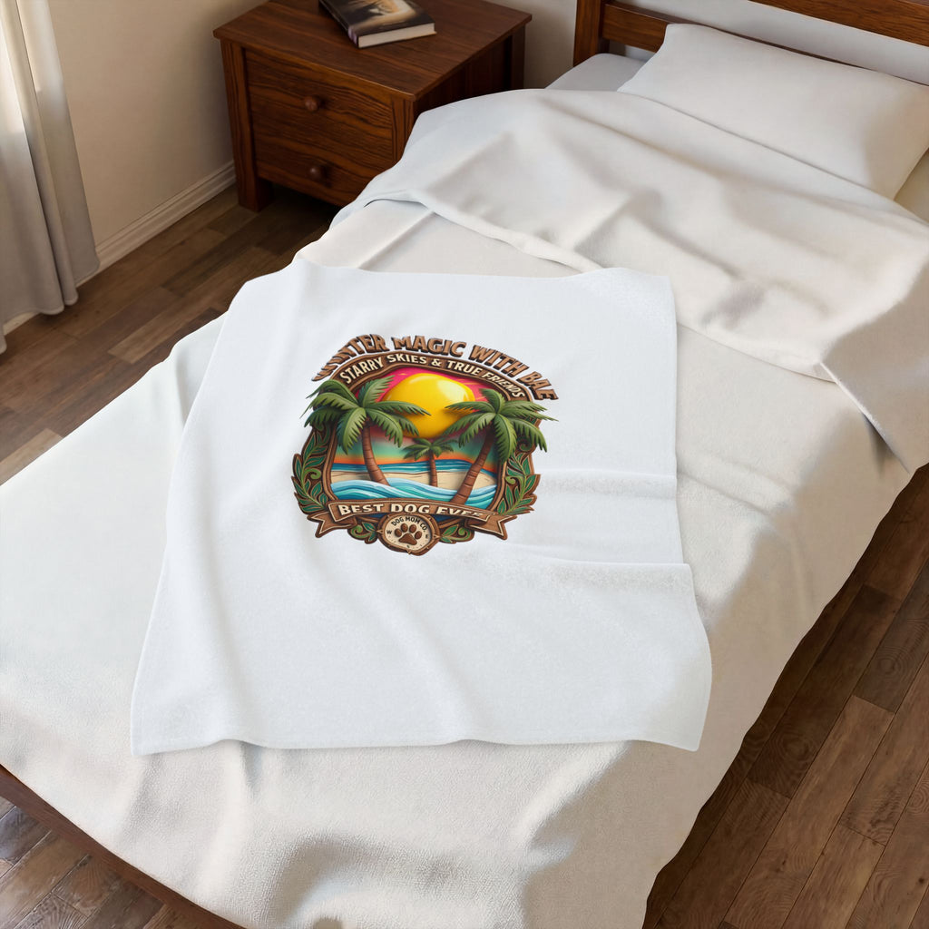 Velveteen Plush Blanket — "Best Dog Ever" Tropical Sunset Palm Throw