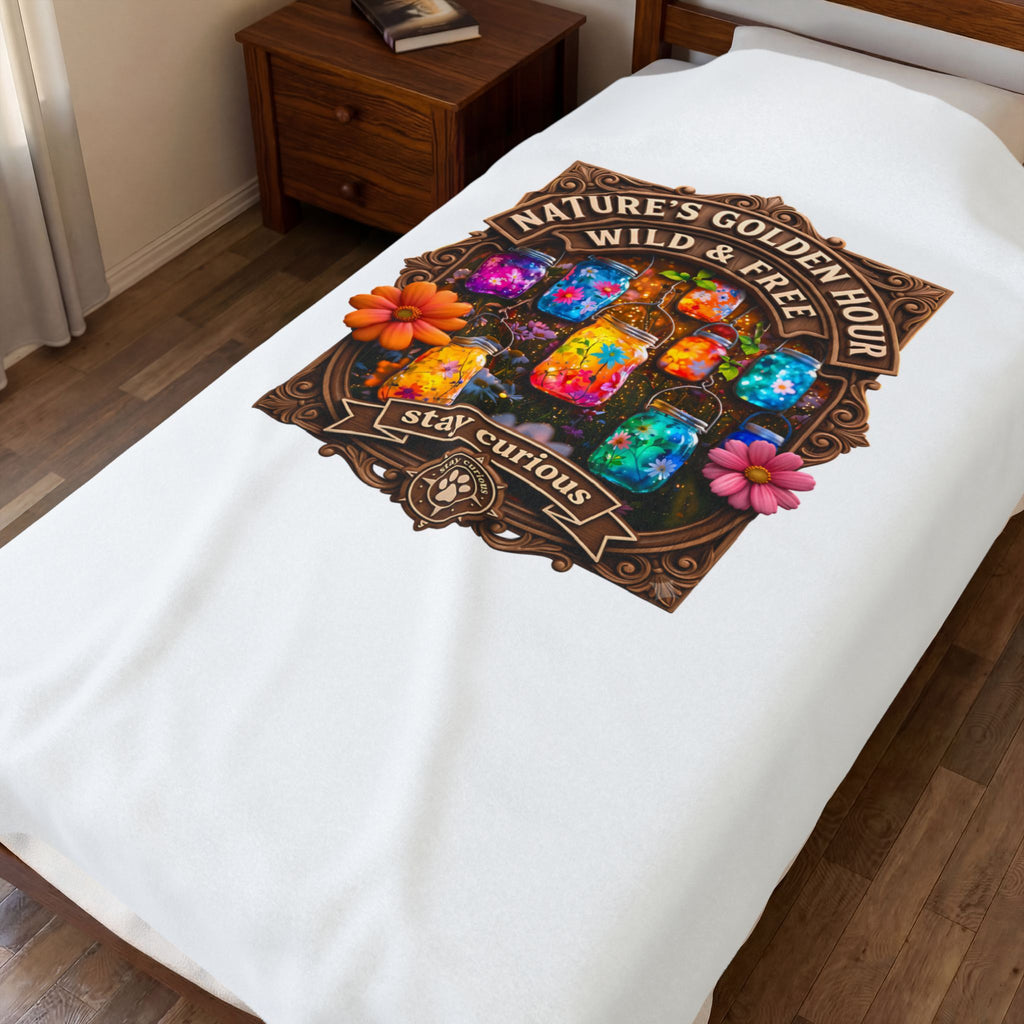Velveteen Plush Blanket — "Nature's Golden Hour: Wild & Free" Colorful Jar Art Cozy Throw