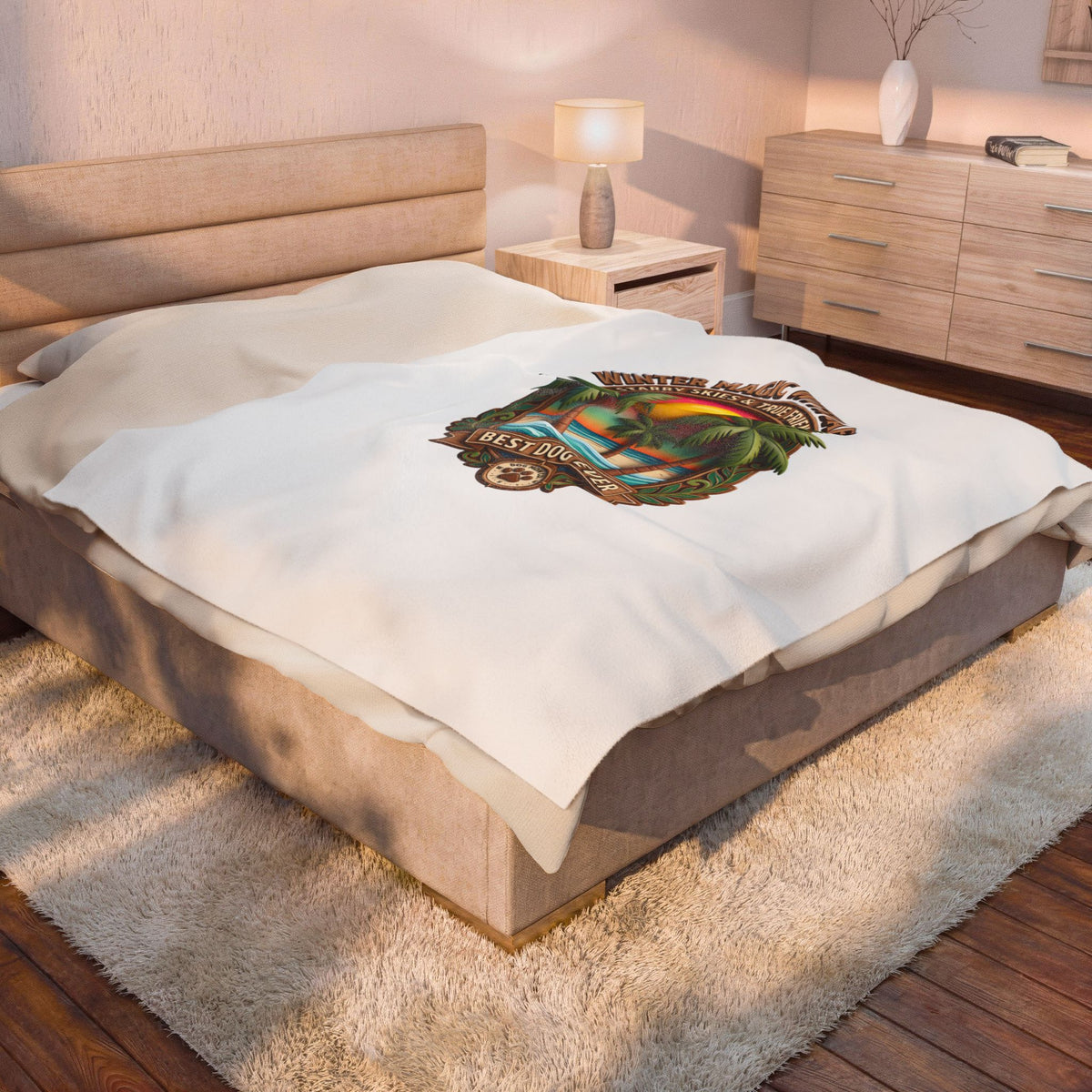 Velveteen Plush Blanket — "Best Dog Ever" Tropical Sunset Palm Throw