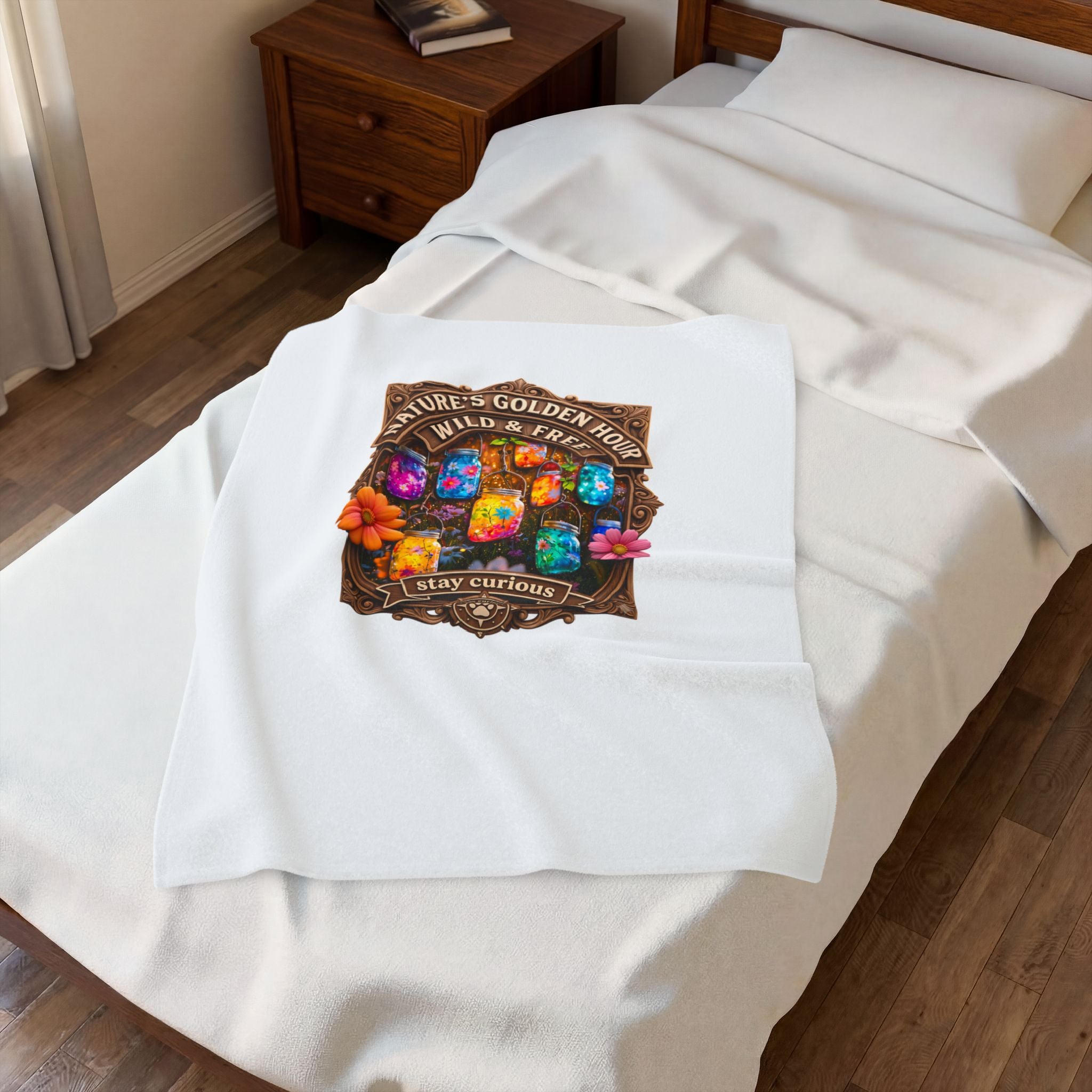 Velveteen Plush Blanket — "Nature's Golden Hour: Wild & Free" Colorful Jar Art Cozy Throw