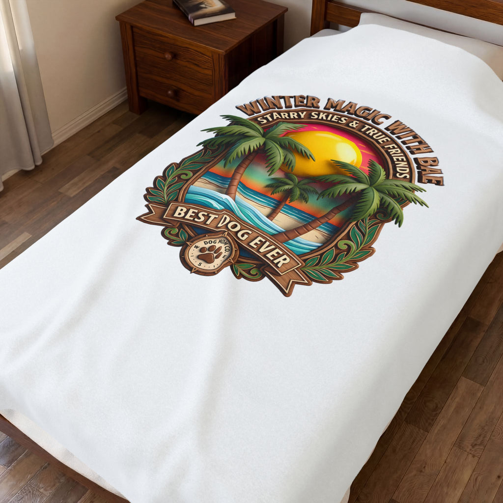 Velveteen Plush Blanket — "Best Dog Ever" Tropical Sunset Palm Throw