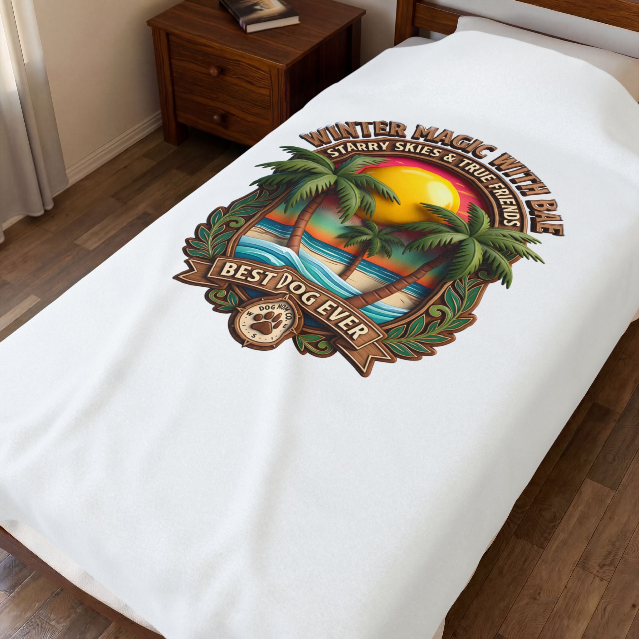 Velveteen Plush Blanket — "Best Dog Ever" Tropical Sunset Palm Throw