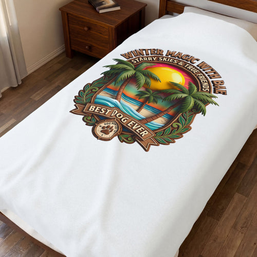 Golden Sun Palms Dog Lover Badge Velveteen Throw Blanket, 60 x 80 in, spread over a full bed, top view