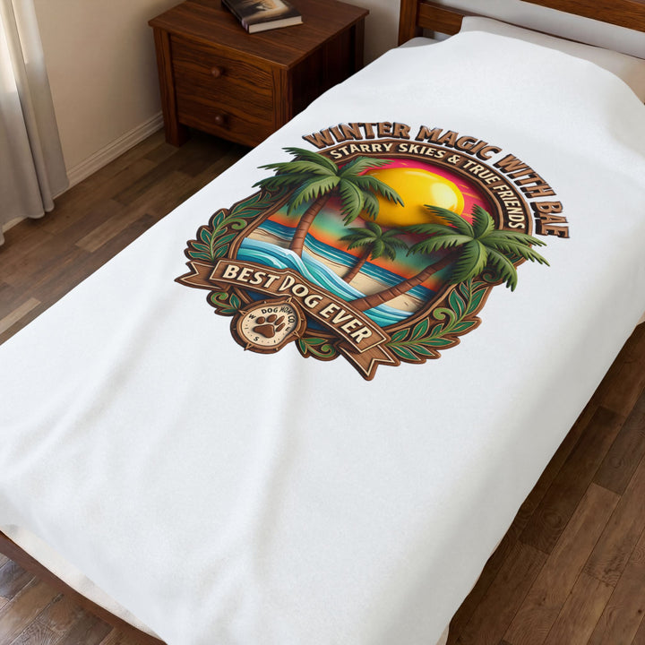 Golden Sun Palms Dog Lover Badge Velveteen Throw Blanket, 60 x 80 in, spread over a full bed, top view