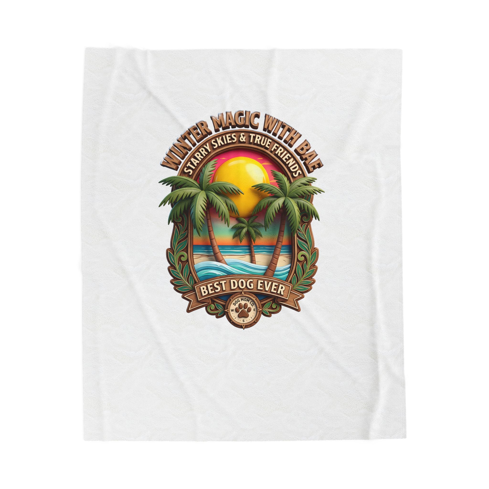 Velveteen Plush Blanket — "Best Dog Ever" Tropical Sunset Palm Throw