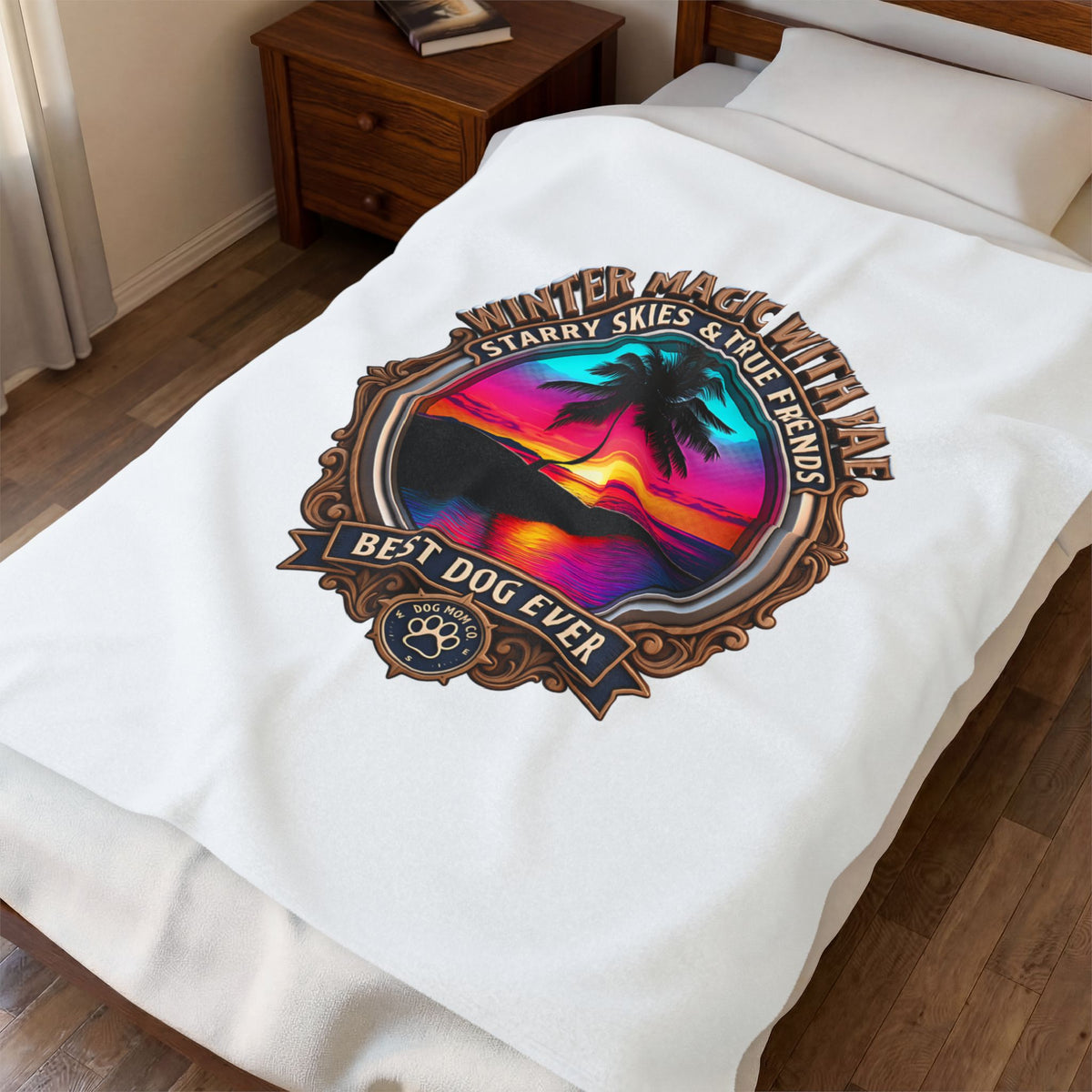 Plush Blanket — "Never Magic With Bark" Tropical Sunset Best Dog Ever Throw