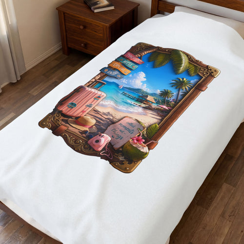 Collect Moments Not Things Tropical Beach Velveteen Throw Blanket, 60 x 80 in, spread over a full bed, top view