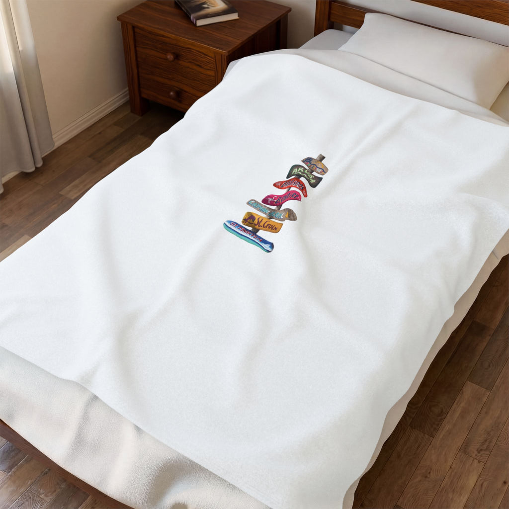Velveteen Plush Blanket — Cozy Vintage Signpost Travel Throw