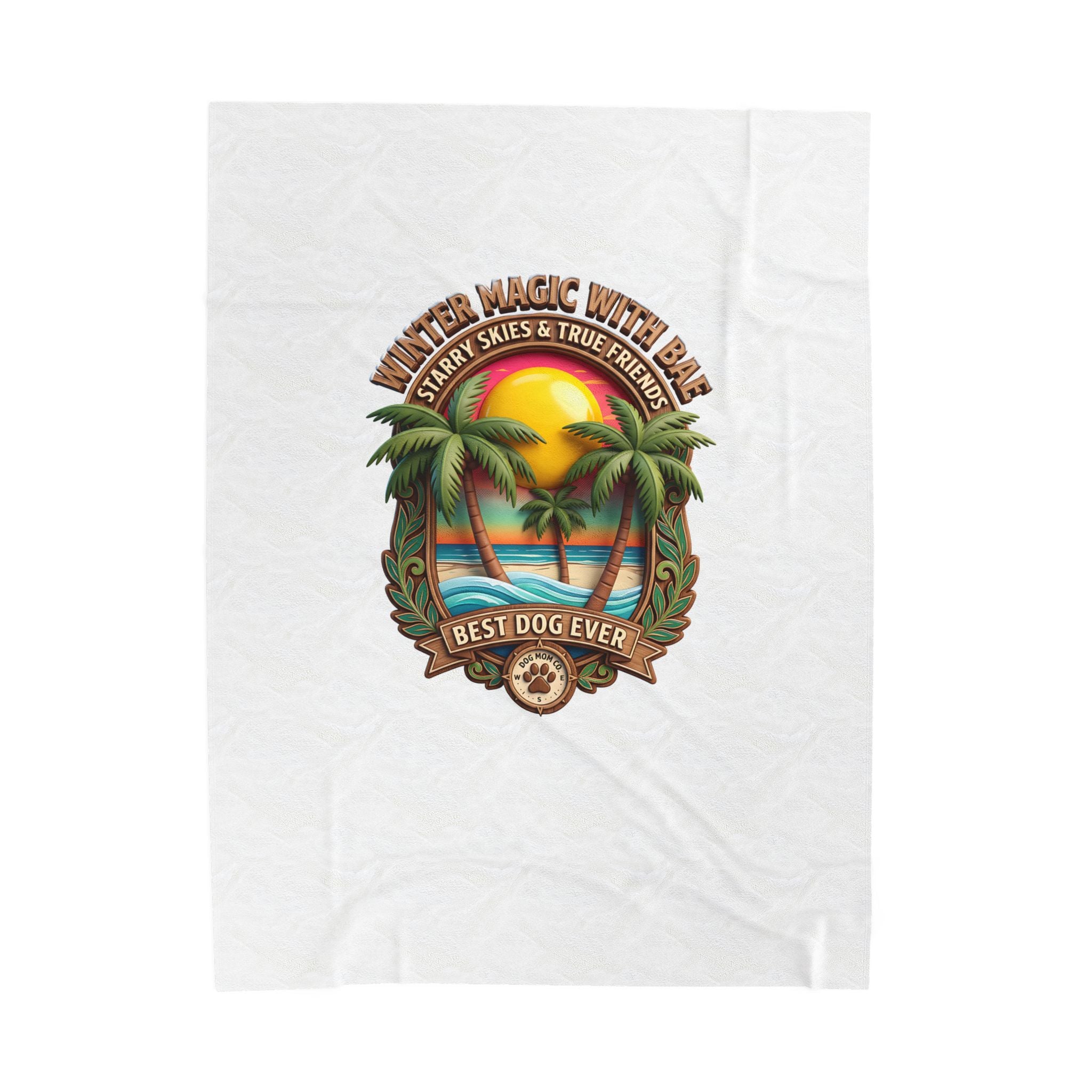 Velveteen Plush Blanket — "Best Dog Ever" Tropical Sunset Palm Throw