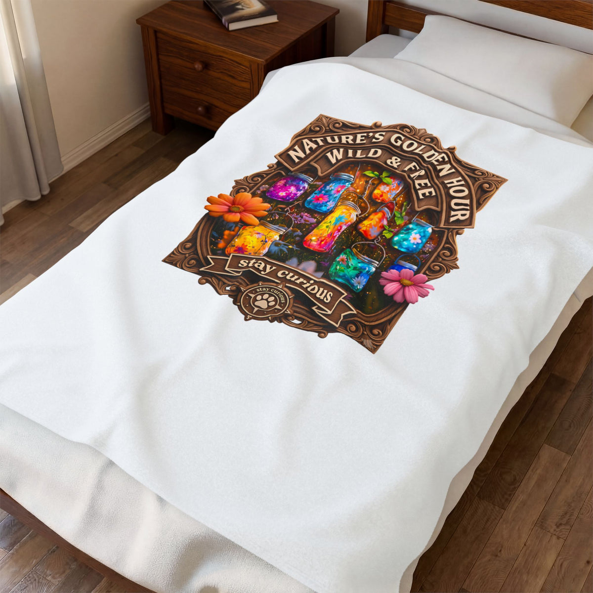Velveteen Plush Blanket — "Nature's Golden Hour: Wild & Free" Colorful Jar Art Cozy Throw
