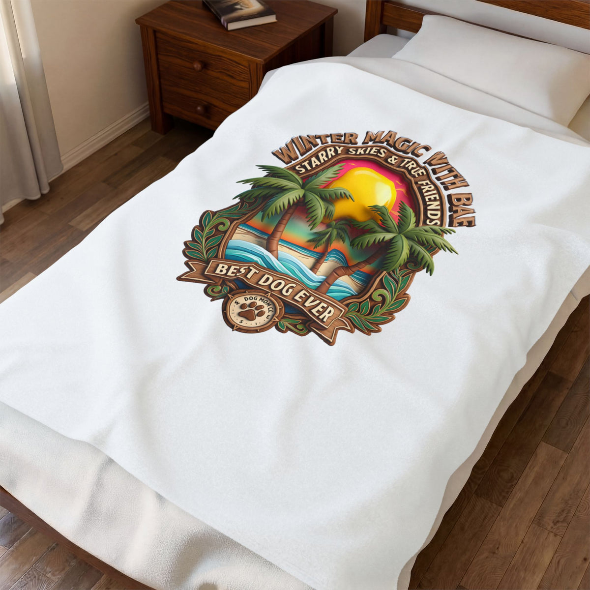 Velveteen Plush Blanket — "Best Dog Ever" Tropical Sunset Palm Throw