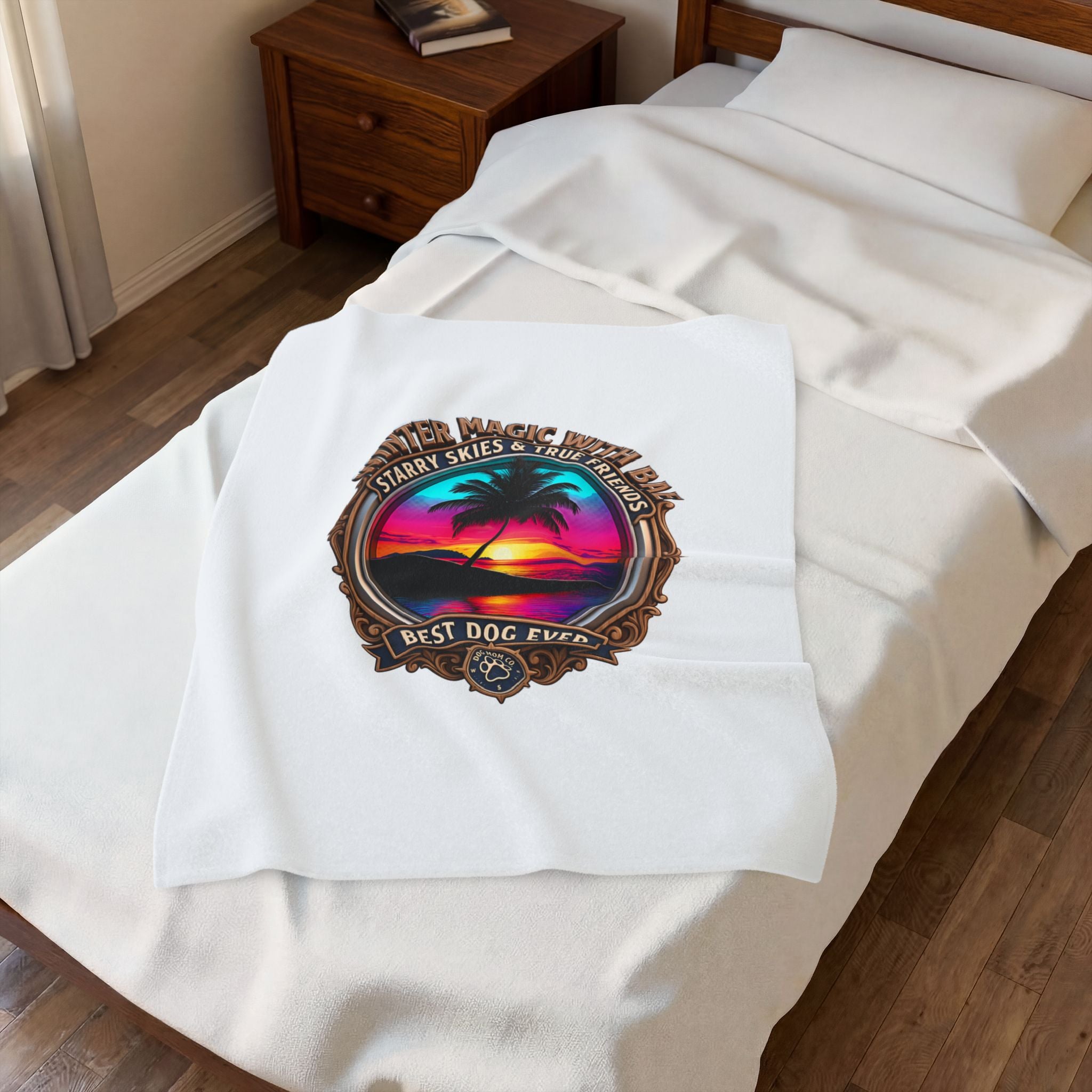 Plush Blanket — "Never Magic With Bark" Tropical Sunset Best Dog Ever Throw