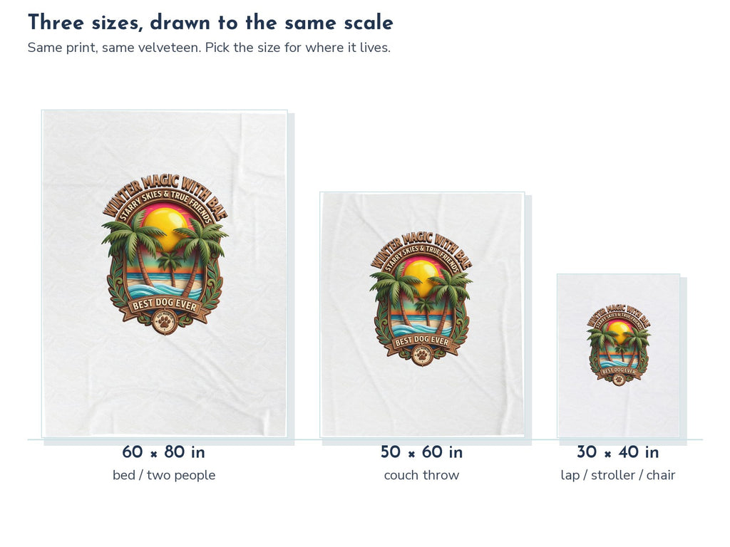 Golden Sun Palms Dog Lover Badge Velveteen Throw Blanket: the three sizes drawn to the same scale, 60 x 80, 50 x 60, and 30 x 40 in