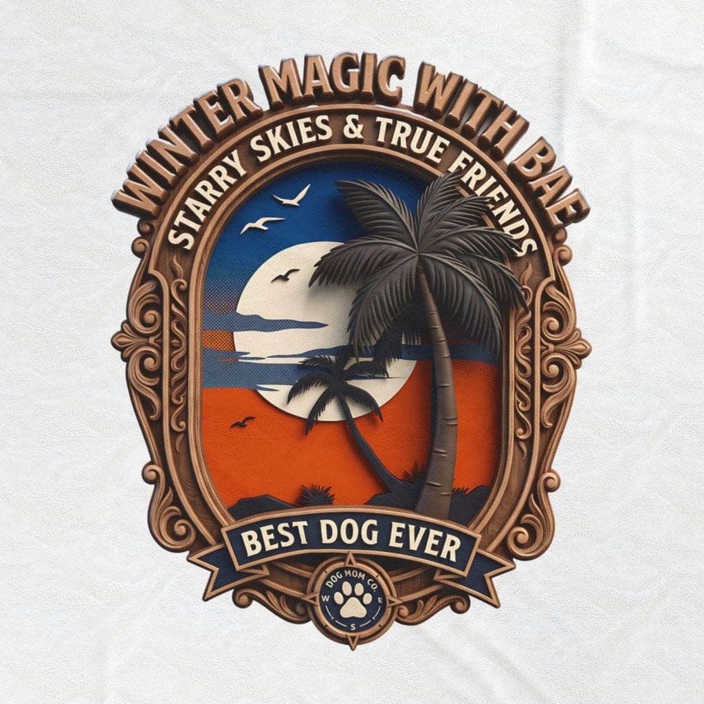 Close-up of the Best Dog Ever print: full moon, navy sky, and orange dunes inside a carved badge, on the white velveteen throw