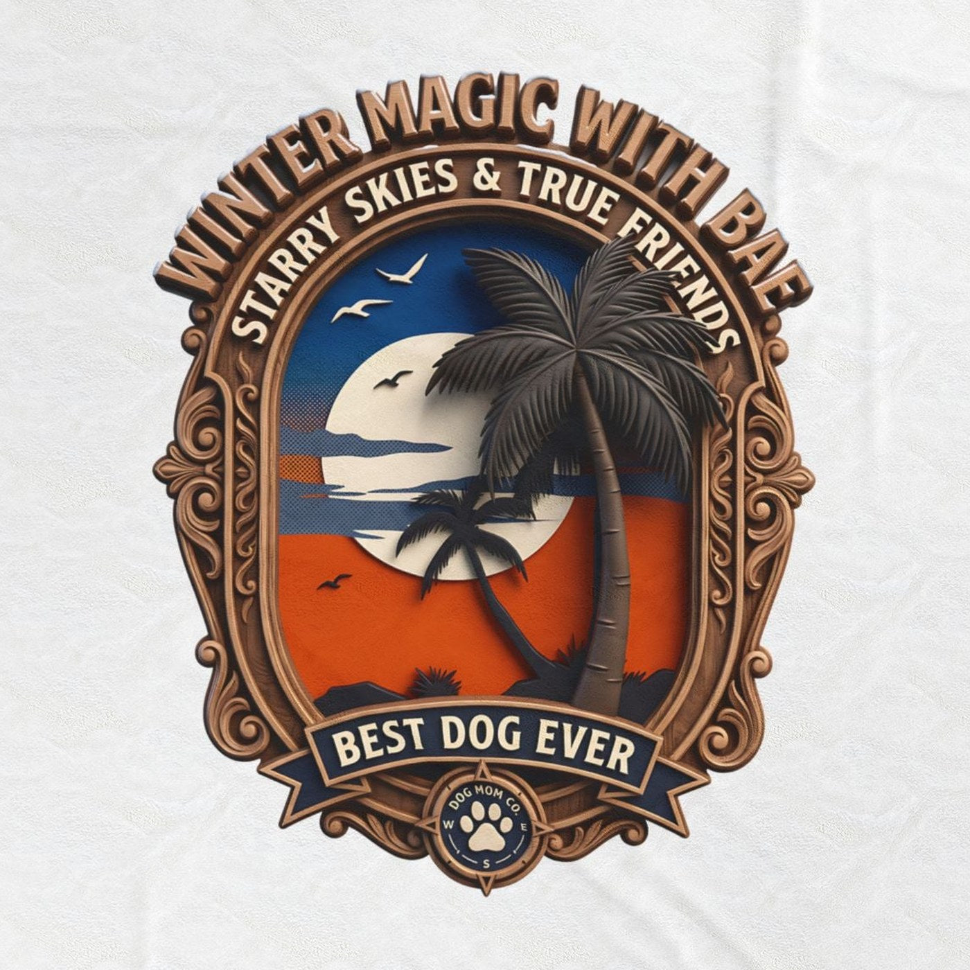 Close-up of the Best Dog Ever print: full moon, navy sky, and orange dunes inside a carved badge, on the white velveteen throw