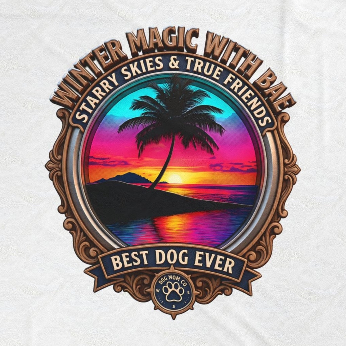 Close-up of the Best Dog Ever print: pink and violet sunset over calm water in a round carved badge, on the white velveteen throw