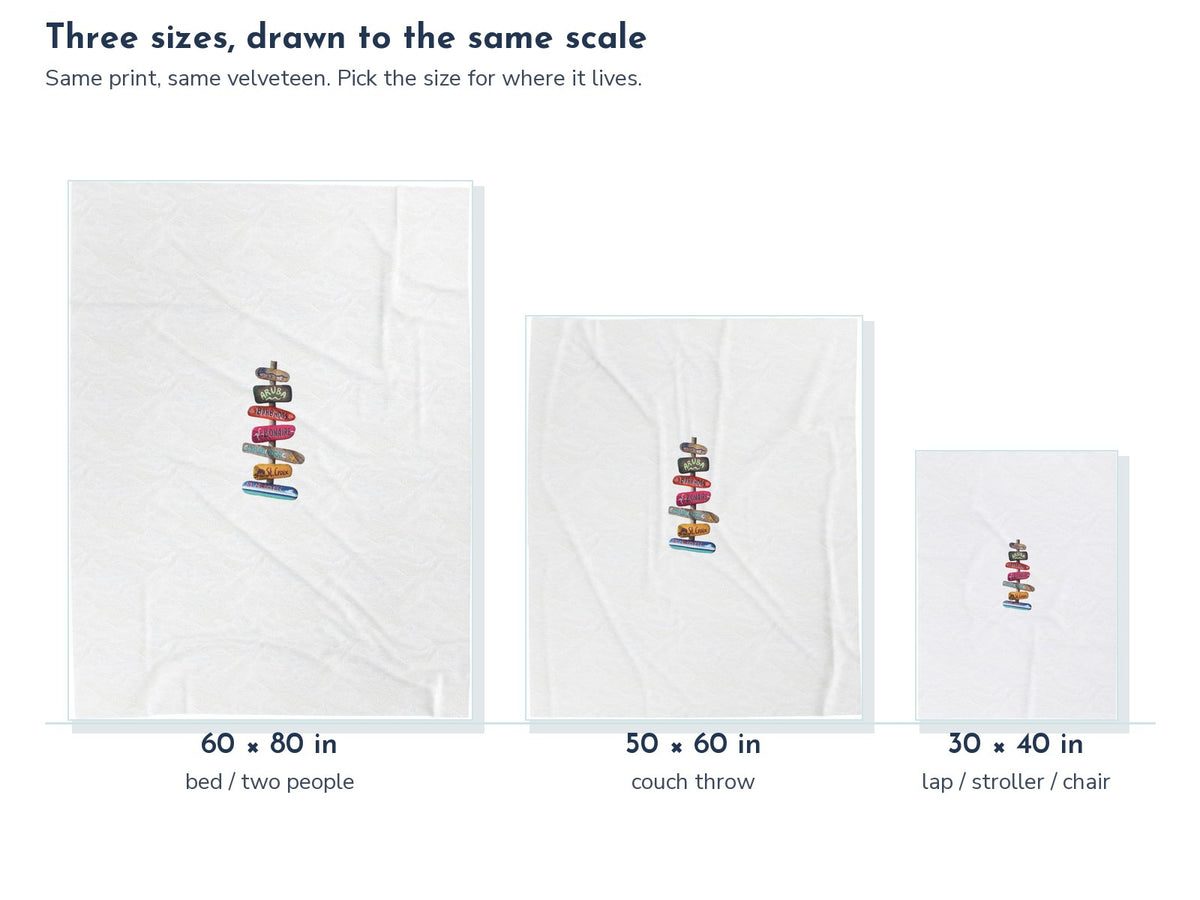 Caribbean Islands Signpost Velveteen Throw Blanket: the three sizes drawn to the same scale, 60 x 80, 50 x 60, and 30 x 40 in