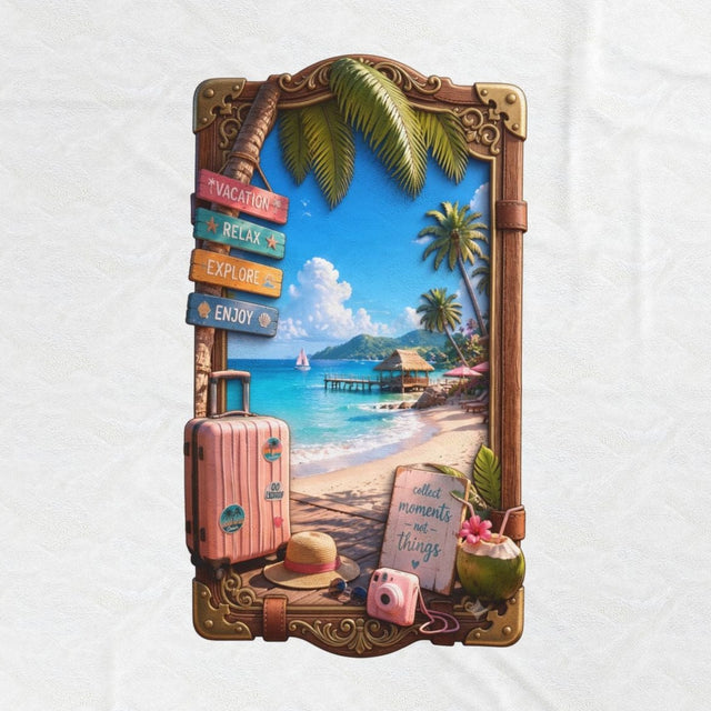 Close-up of the Collect Moments Not Things print: a carved beach window with a pink suitcase, straw hat, and camera, on the white velveteen throw