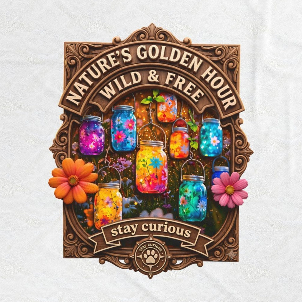 Close-up of the Nature's Golden Hour print: glowing mason jars with flowers inside a carved badge, on the white velveteen throw