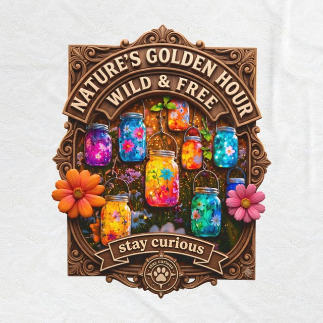 Close-up of the Nature's Golden Hour print: glowing mason jars with flowers inside a carved badge, on the white velveteen throw