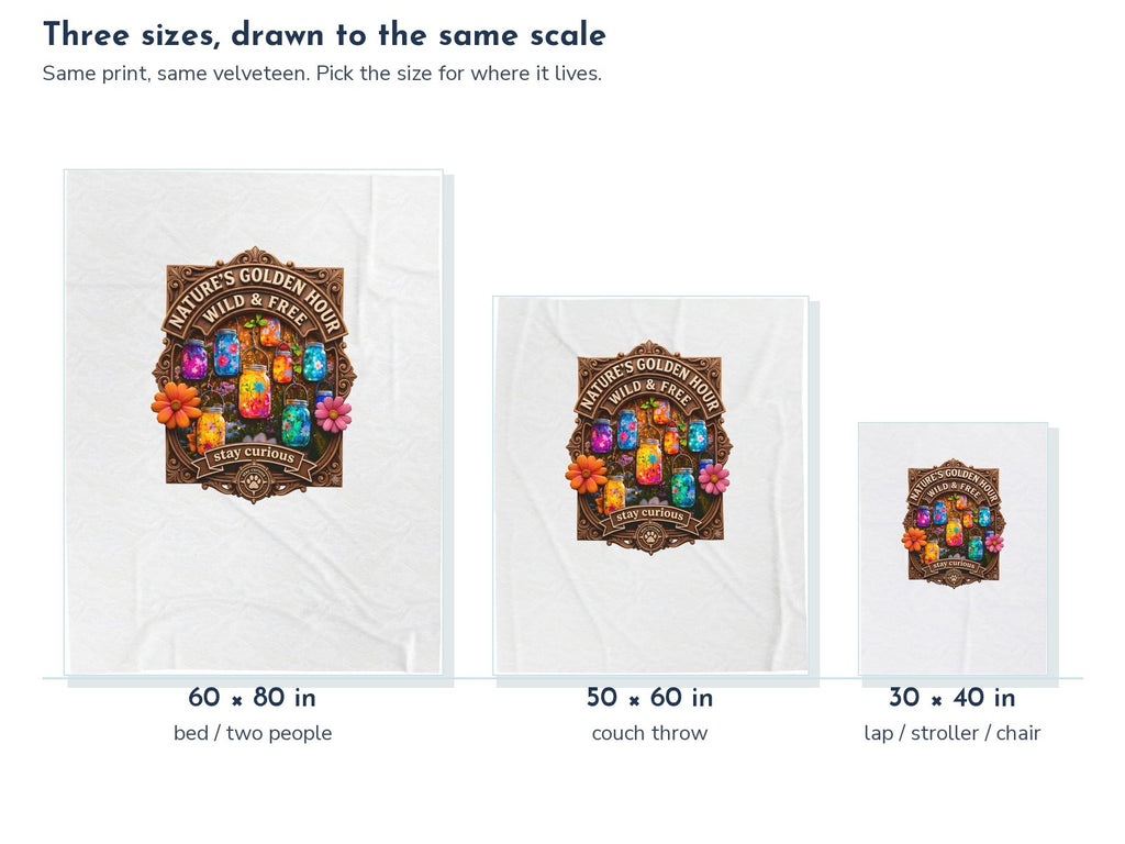 Nature's Golden Hour Glowing Jars Velveteen Throw Blanket: the three sizes drawn to the same scale, 60 x 80, 50 x 60, and 30 x 40 in