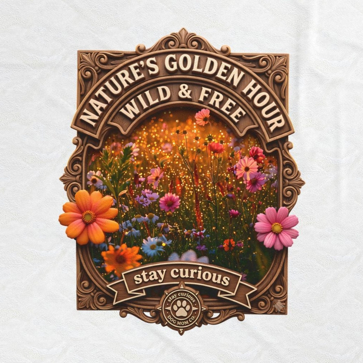 Close-up of the Nature's Golden Hour print: a wildflower meadow at sunset inside a carved badge, on the white velveteen throw