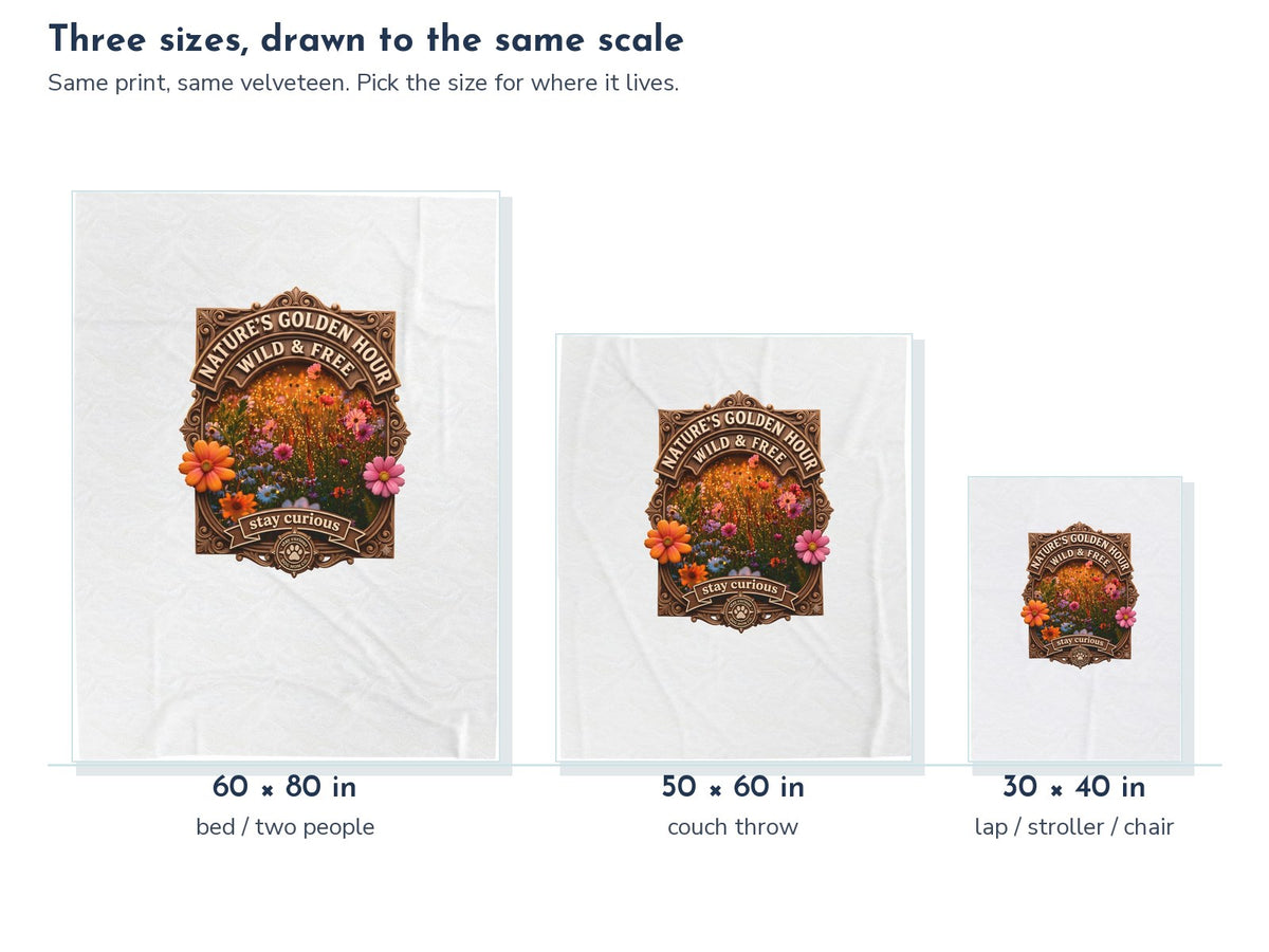 Nature's Golden Hour Wildflower Meadow Velveteen Throw Blanket: the three sizes drawn to the same scale, 60 x 80, 50 x 60, and 30 x 40 in