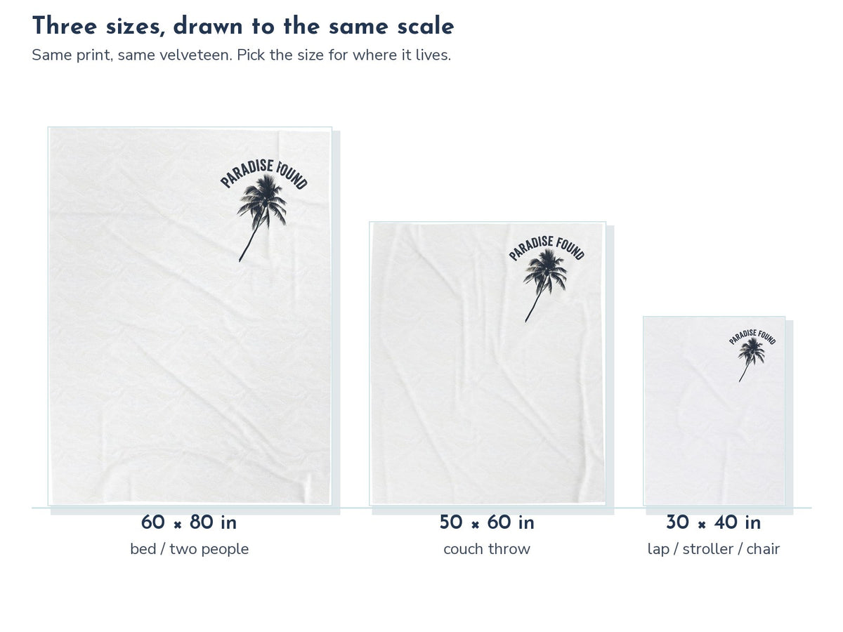Paradise Found Palm Silhouette Velveteen Throw Blanket: the three sizes drawn to the same scale, 60 x 80, 50 x 60, and 30 x 40 in