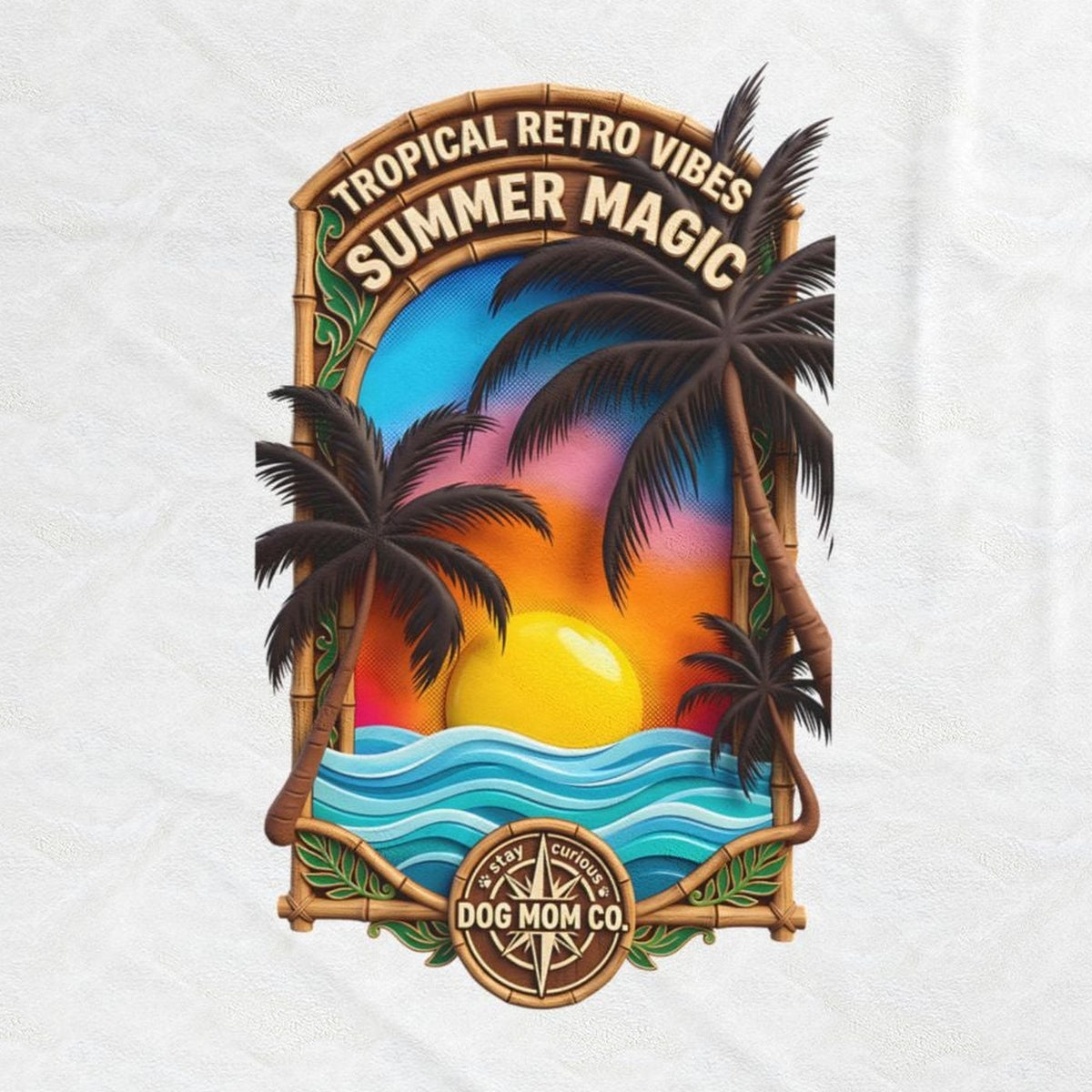 Close-up of the Summer Magic print: dark palms over an orange and violet sunset in a bamboo frame, on the white velveteen throw