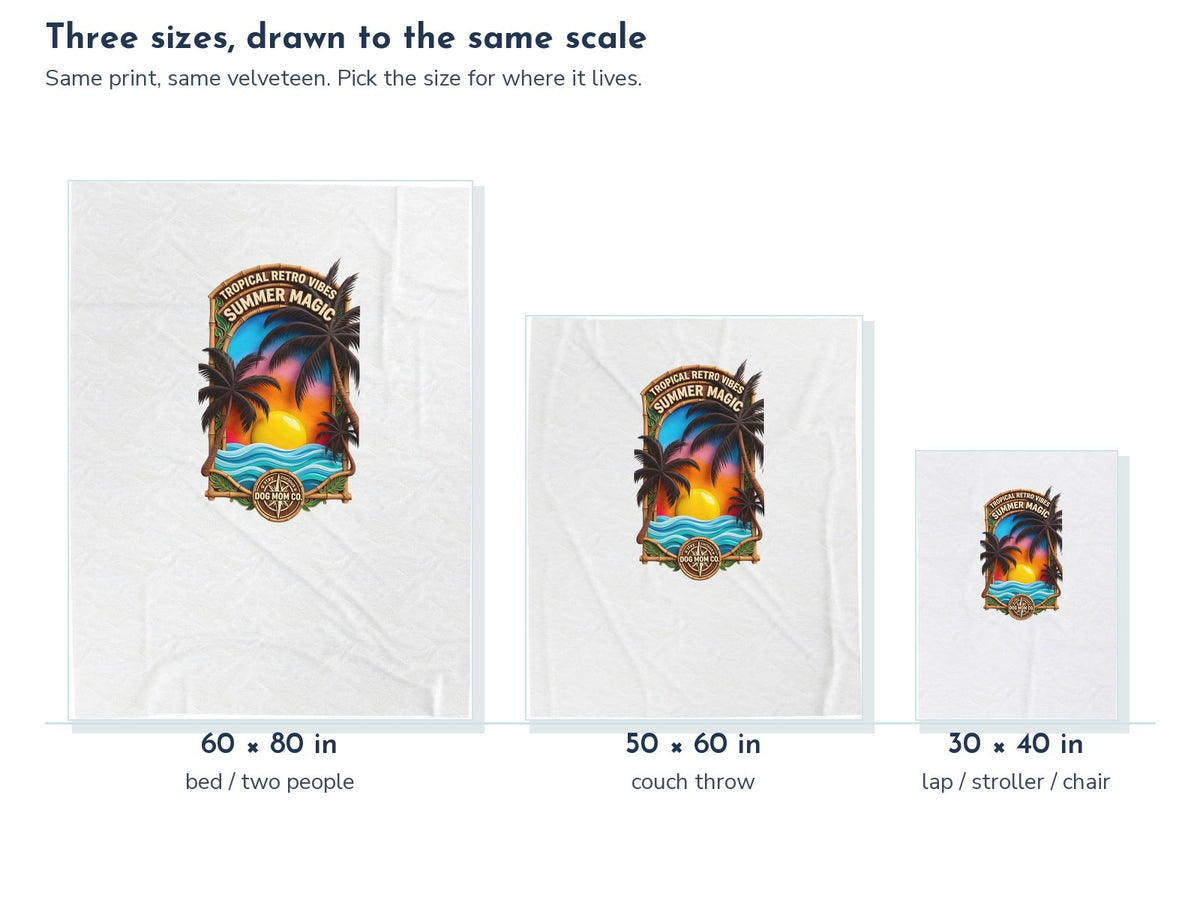 Summer Magic Tropical Sunset Palms Velveteen Throw Blanket: the three sizes drawn to the same scale, 60 x 80, 50 x 60, and 30 x 40 in