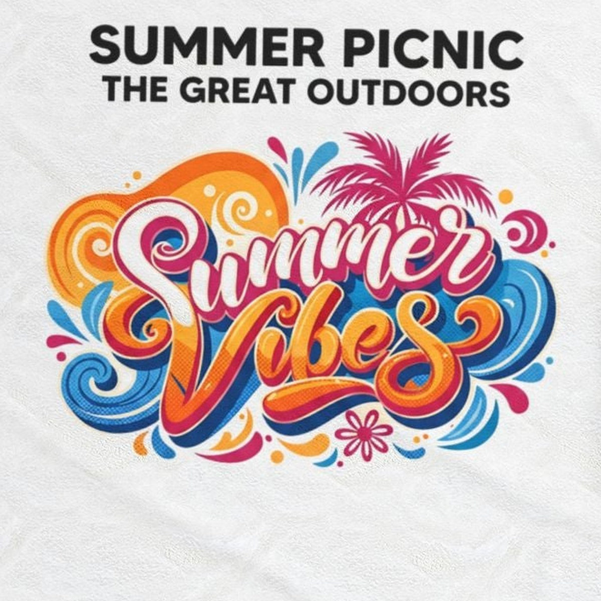 Close-up of the Summer Vibes print: swirling orange, blue, and pink retro lettering with palms, on the white velveteen throw