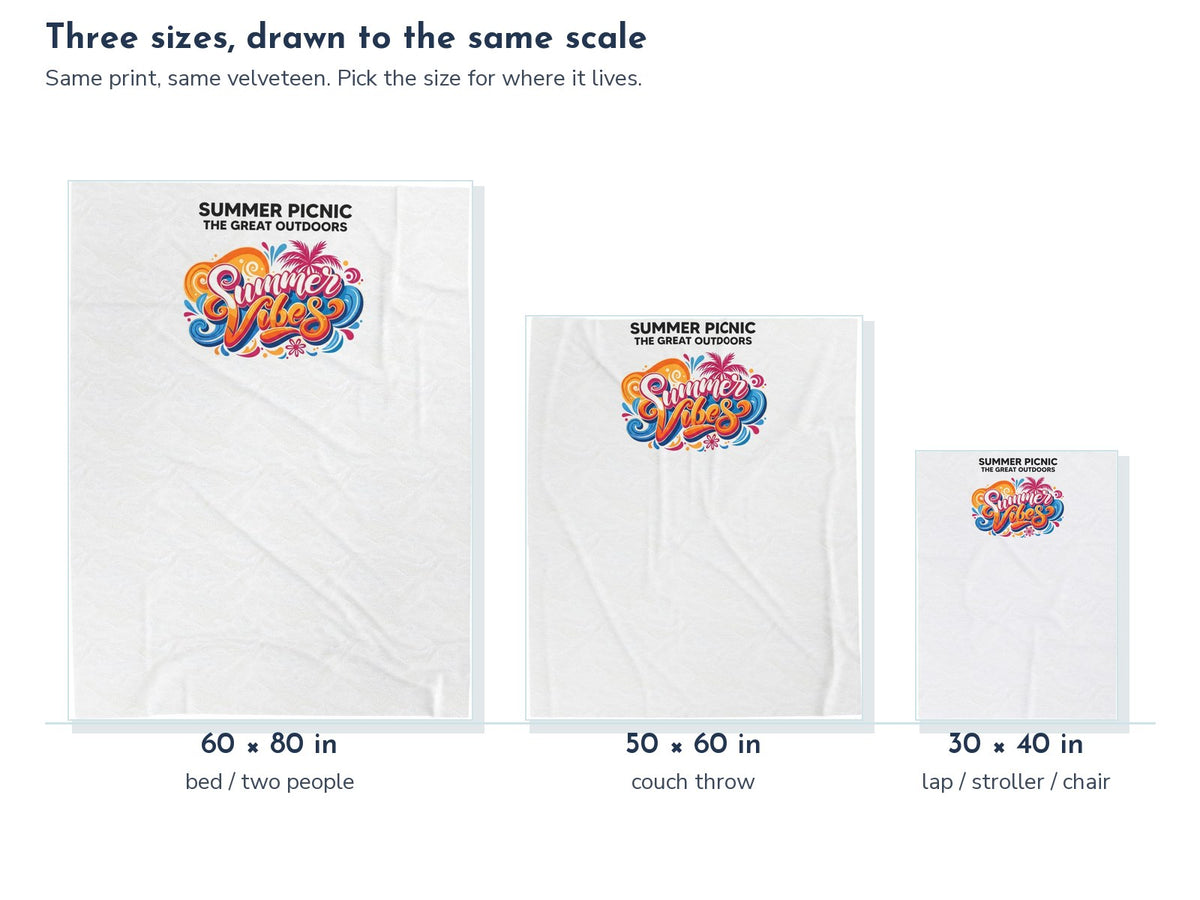 Summer Vibes Retro Lettering Velveteen Throw Blanket: the three sizes drawn to the same scale, 60 x 80, 50 x 60, and 30 x 40 in