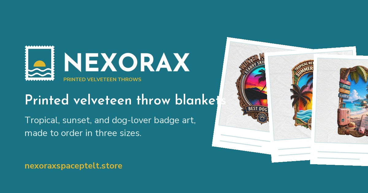 Nexorax printed velveteen throw blankets, three postcards of the badge art